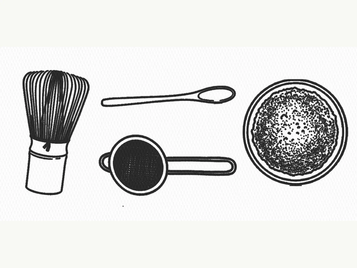 Traditional matcha whisk, scoop, sifter, and bowl illustration